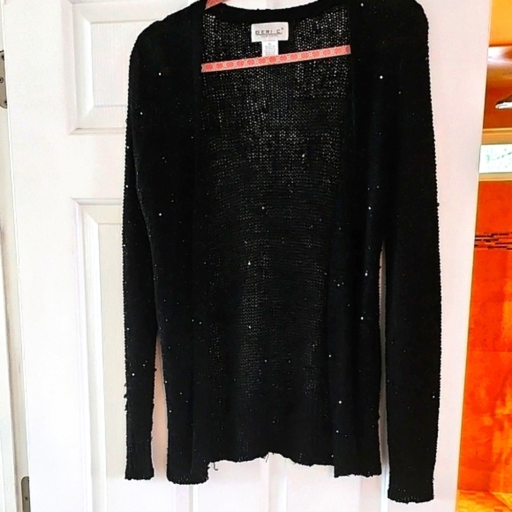 Geri C. New York Black Cardigan Sweater with Metallic Sequence Sheen